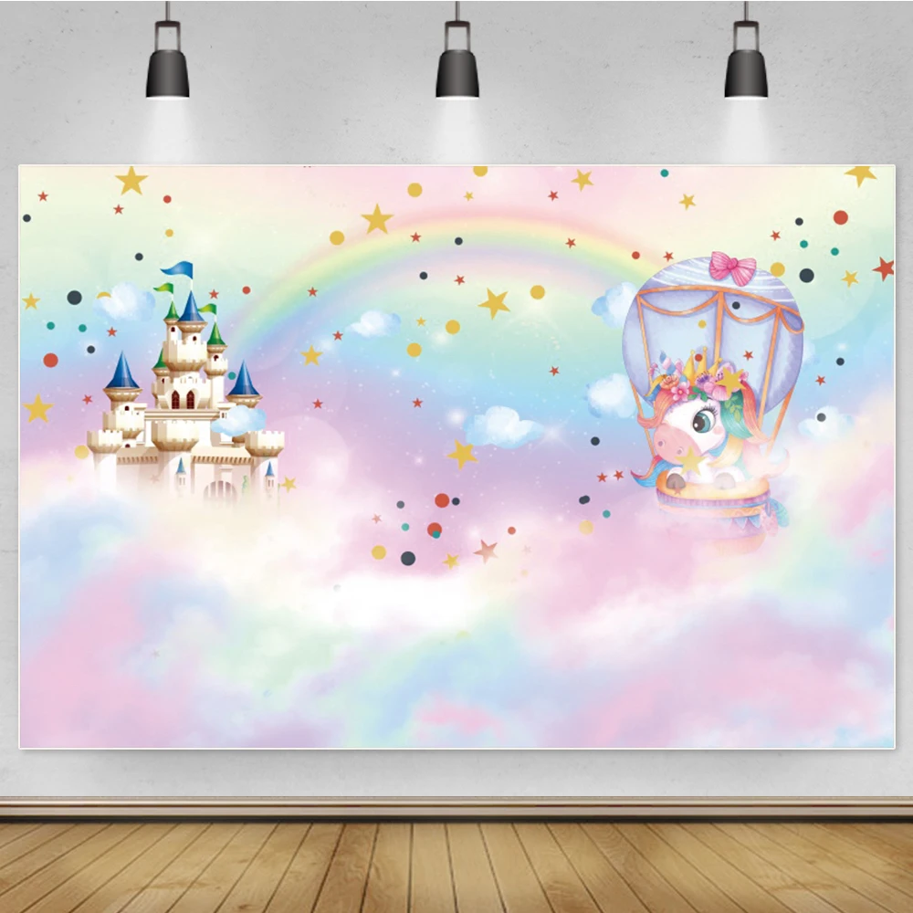 Laeacco Birthday Party Baby Shower Photo Backdrop Unicorn Castle Rainbow Star Customized Poster Photography Background Photocall