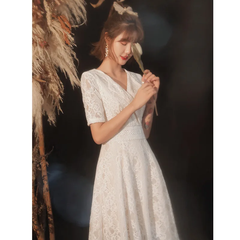 Elegant White V-Neck Lace Evening Dresses Lady Short Sleeve A-Line French Style Evening Gown Qipao вечернее платье