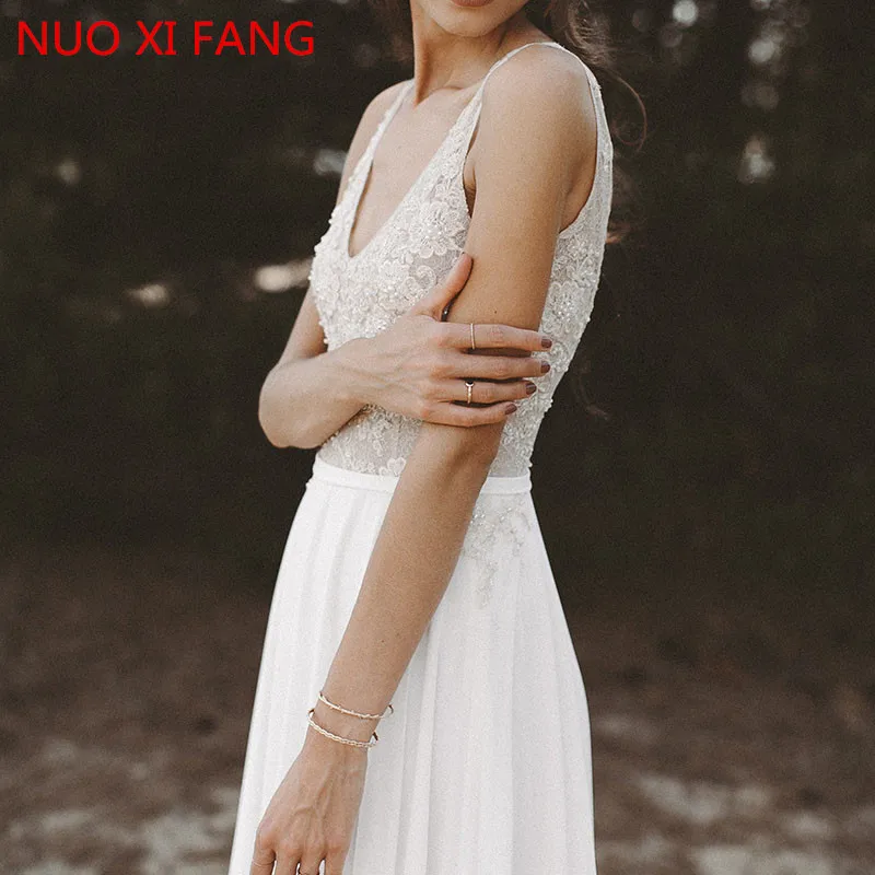 NUOXIFANG-vestidos de novia de playa con cuello en V, Top de encaje, falda de gasa, línea A, blanco, espalda abierta, vestido de novia bohemio, envío gratis