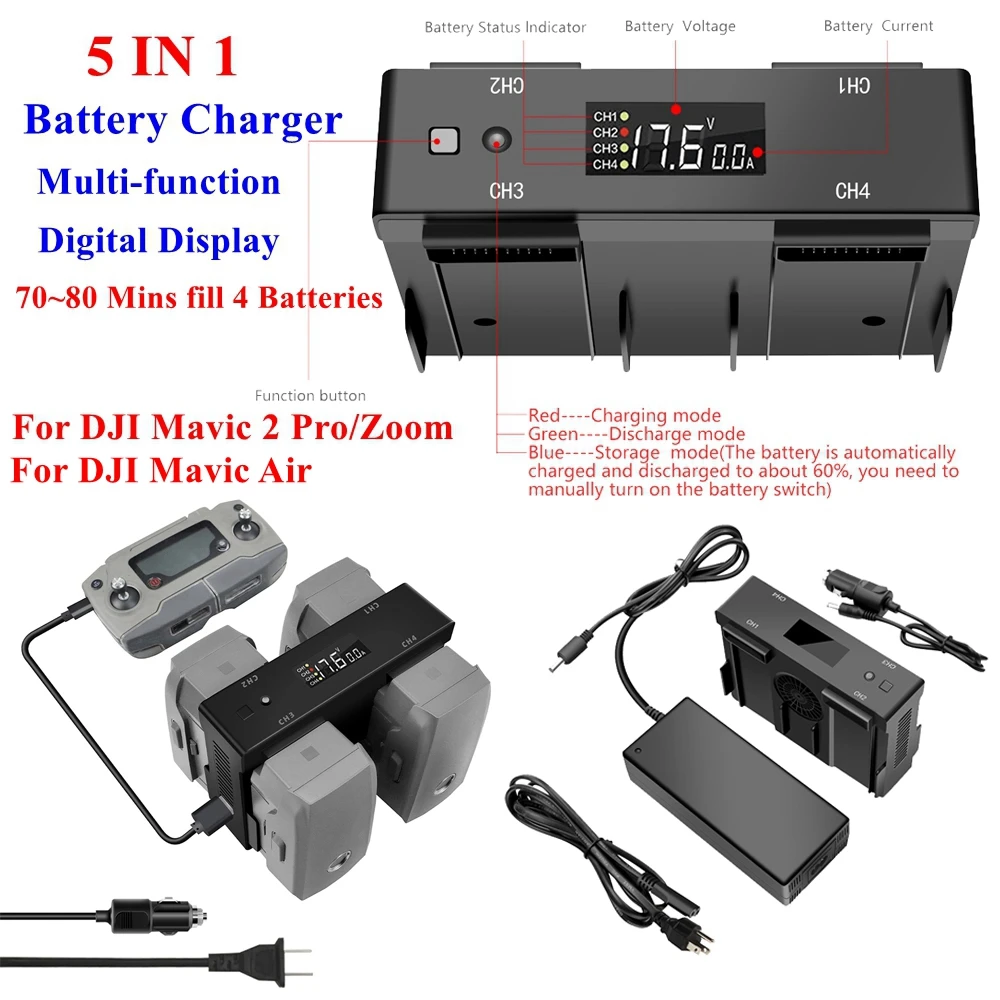 5IN1 Multi-function Home Car Battery Balance Charger Hub Digital Display Adapter for DJI Mavic 2 Pro Zoom Air Drone Accessories