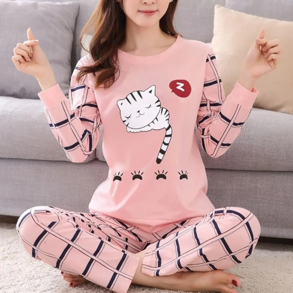 

New Pajama Set Winter Cute Cartoon Cat Print Pajama Set Women Two-pieces Long Sleeve Sleepwear Breathable Soft Round Neck Set