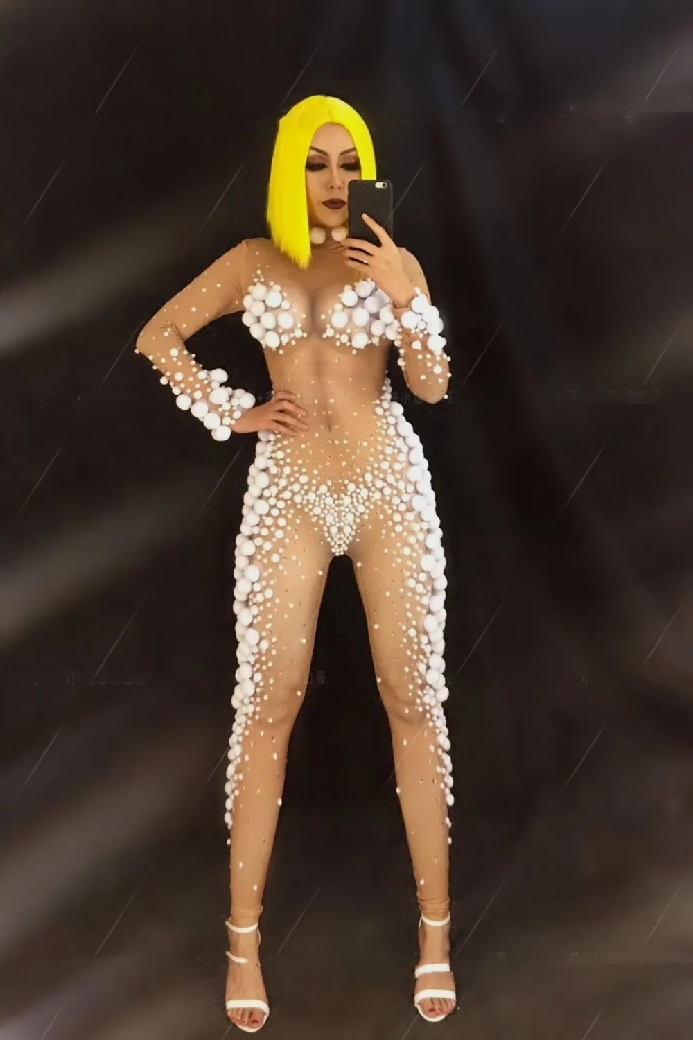 

Nightclub Party Bodysuit Sexy Small White Women Jumpsuit Stage Wear Singer Dancer Cosutme Celebrate Birthday dance clothing