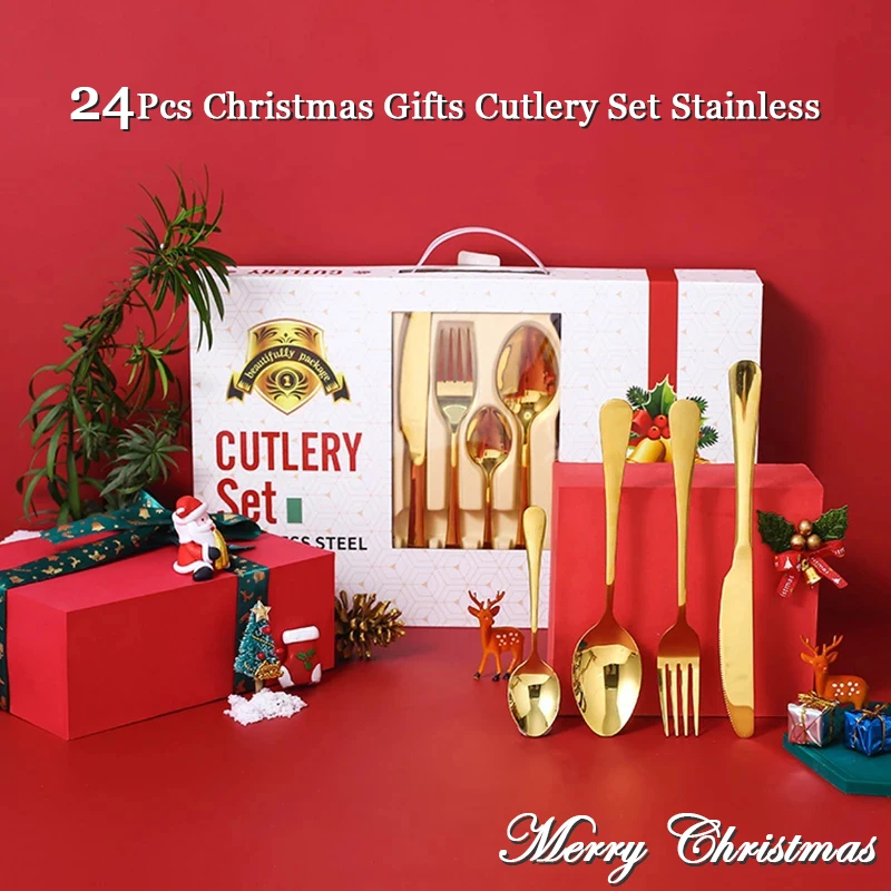 24Pcs Christmas Gifts Cutlery Set Stainless Steel Tableware Set Knife Fork Spoon Dinnerware Set Complete Home Flatware Gift Box