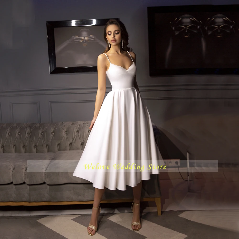 Querida vestidos de casamento chá comprimento simples cintas de espaguete vestido de noiva aberto volta sem mangas vestidos personalizados novia a linha