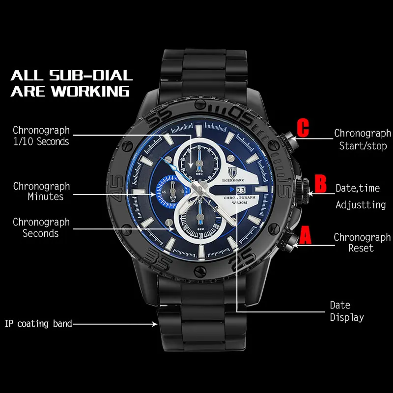 Tigershark men sports watch relógio de quartzo cronógrafo aço inoxidável cinta 30m à prova dwaterproof água relógio relogio masculino t1580