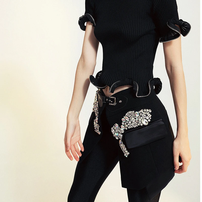 Women Mini Skirt Pearls Beads Embellished Decorated Designer Luxury Original Short Skirts Belt Sexy Club Trendy Modern Street