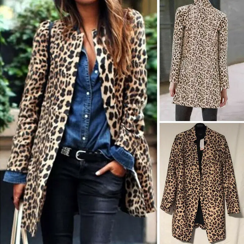 Women Leopard Cardigan Jacket Sweater Top Warm Casual Winter Long Sleeve Coat