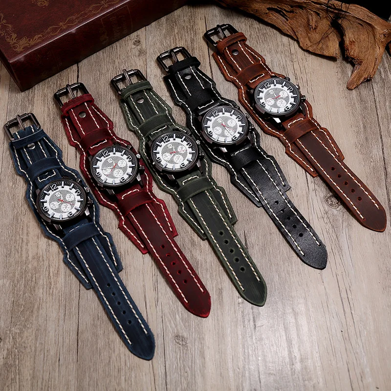 New Retro Mens Watches Genuine Leather Wide Watchband Wristwatch Fashion Punk Style Quartz Watch For Men 2023 Cowhide Bangles