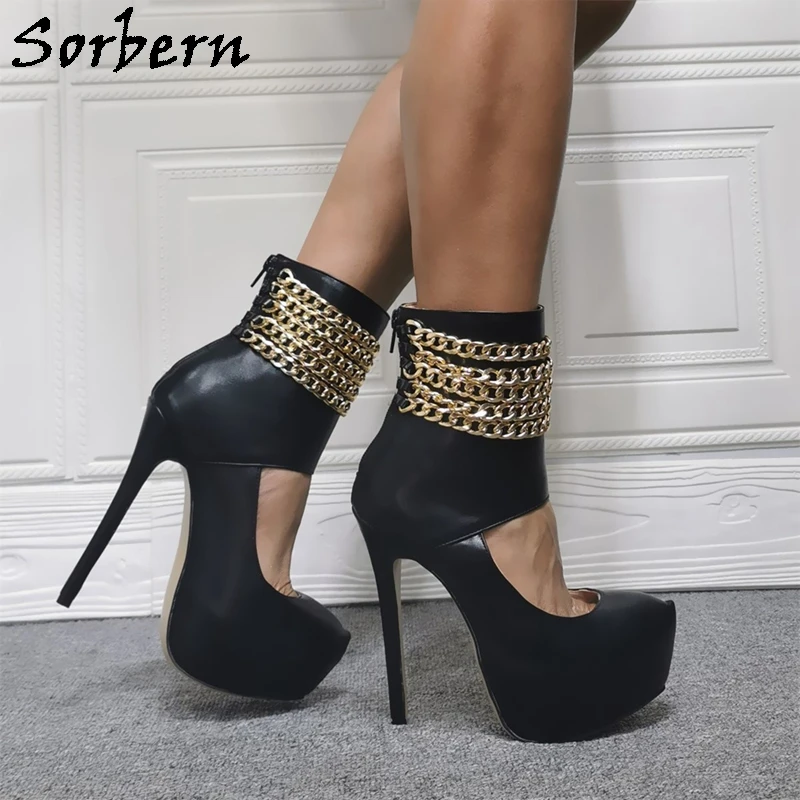 Sorbern Black Women Pump Shoes Ankle Strap With Chians Punk Style Back Zipper High Heel Shoes Hidden Platform Shoe Big Size 15