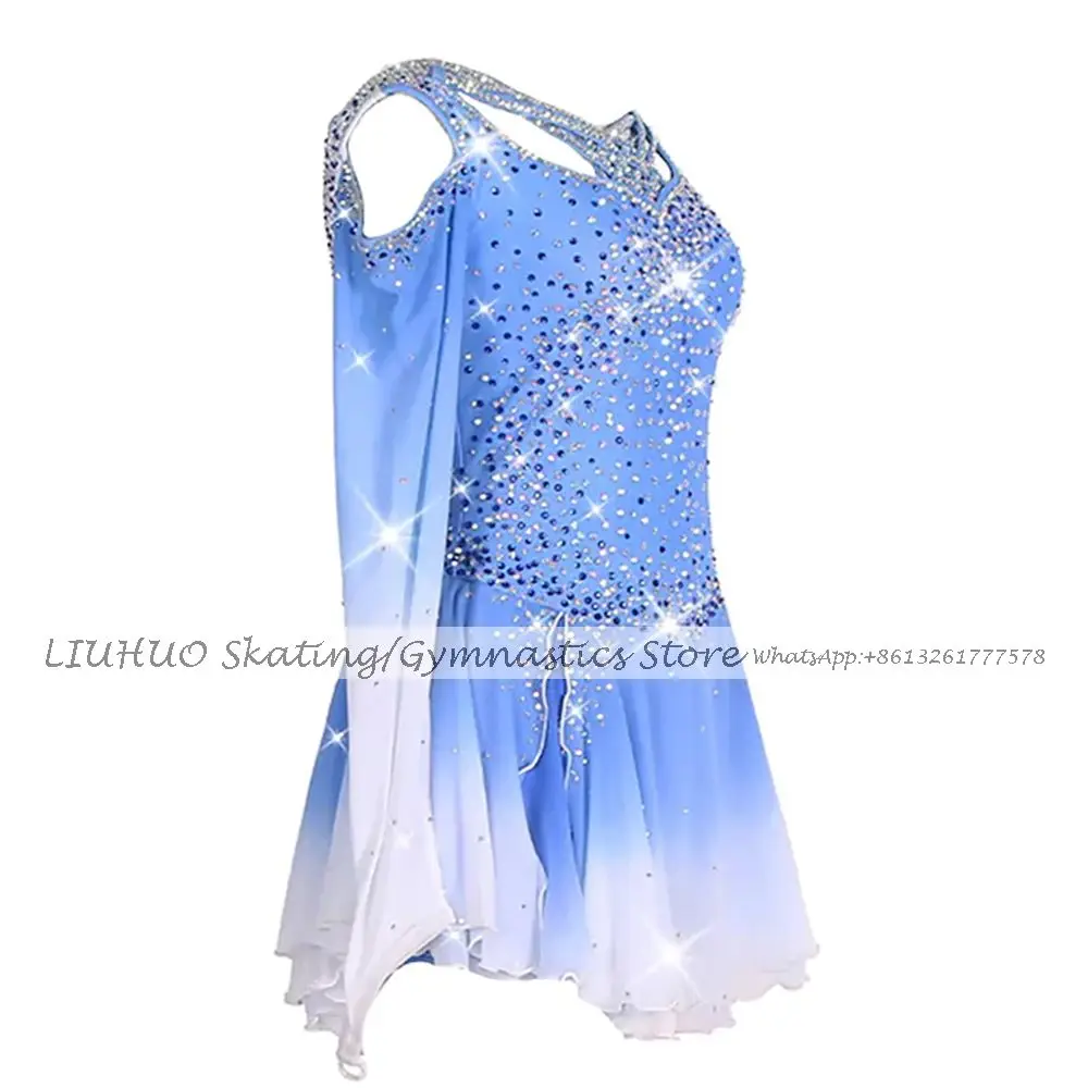 Ice Figure Skating Dress Girls Women Blue Gradient Ballroom Dance Skirt Kids Competition Rhythmic Gym Leotards Child