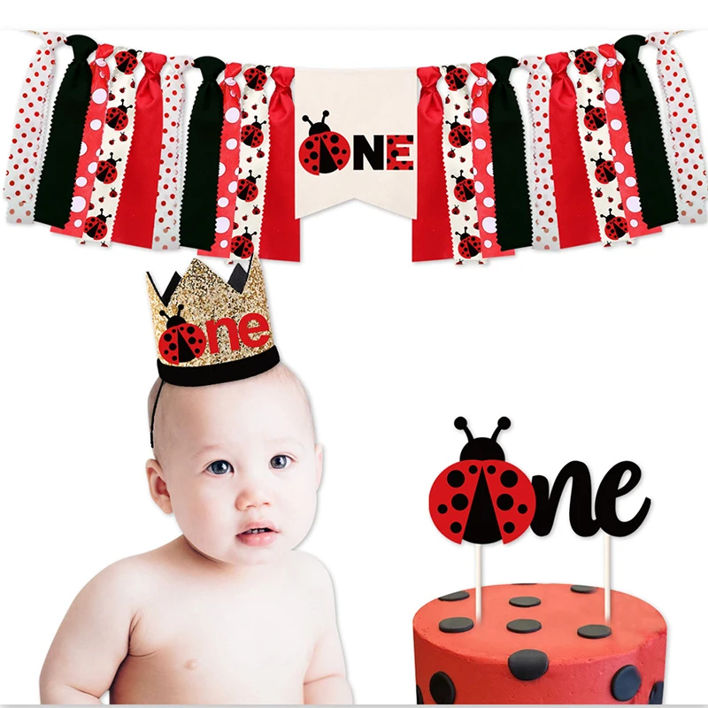 

Ladybug 1st Birthday party Decorations Highchair Banner Beetle One Cake Topper First Baby Shower Happy baby Party Supplies