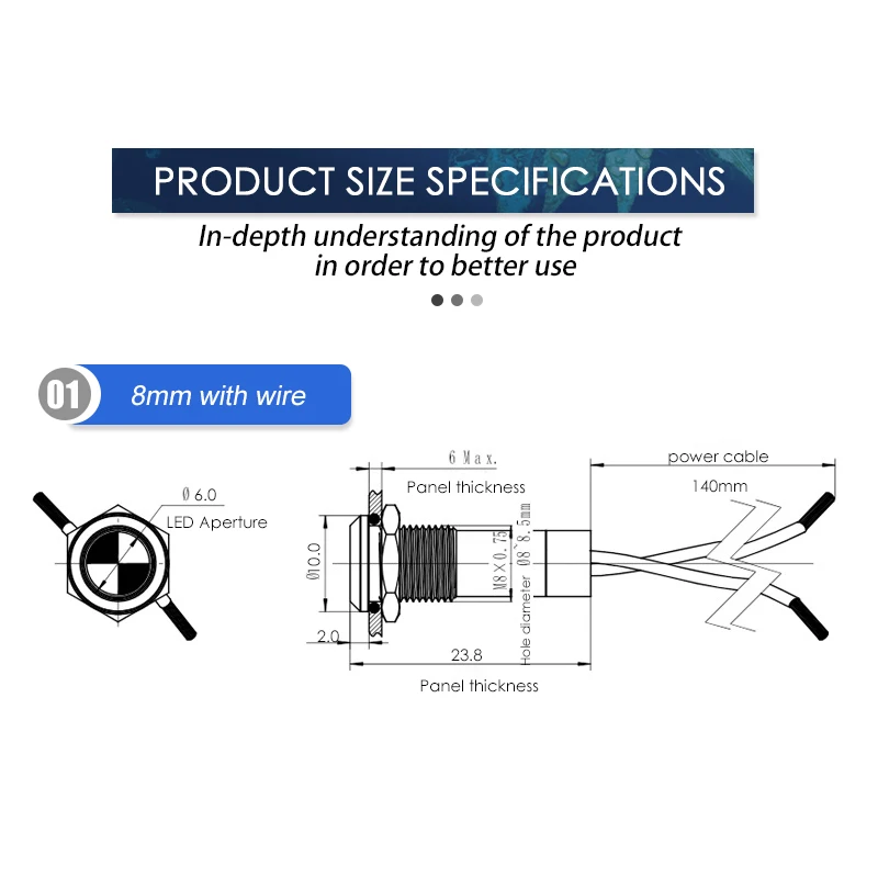 Luz indicadora de advertencia LED impermeable, lámpara de señal, cable piloto, 3V, 6V, 12V, 24V, 110V, 220V, botón de Metal con cable, 8mm, 1 ud.