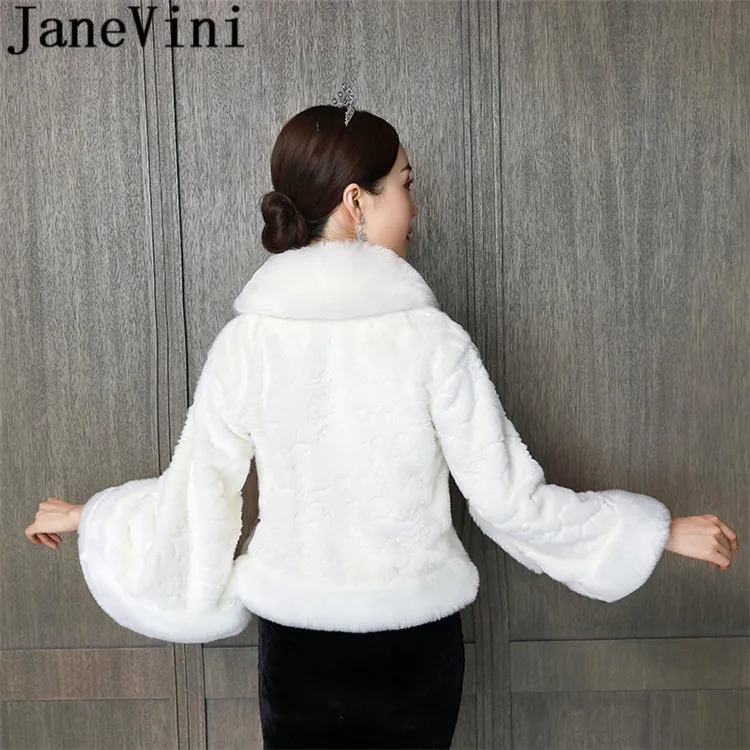 JaneVini Bride Fur Coat with Long Sleeves High Neck Faux Fur Wedding Bridal Top Wraps Capes Womens Jackets Winter Dress Boleros