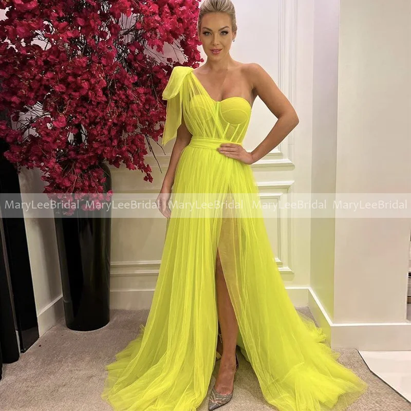 

Lemon Yellow Tulle Prom Dress Pleat One Shoulder Illusion Corset Bodice Boning Celebrity Dresses High Slit robe de soirée femme