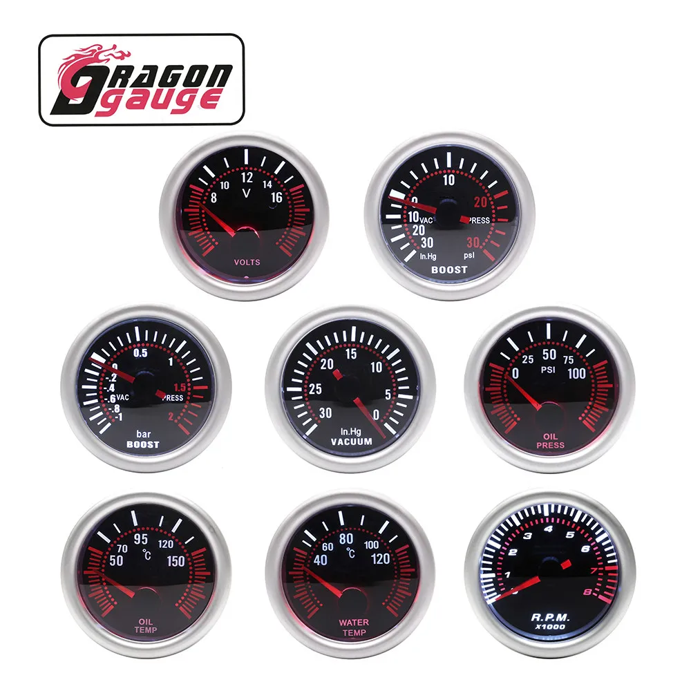 「DRAGON」 52mm Tachometer RPM Water Temp Oil Temp Oil Pressure Voltmeter Vacuum  Boost psi/bar Car Gauge Fit for 12V Car