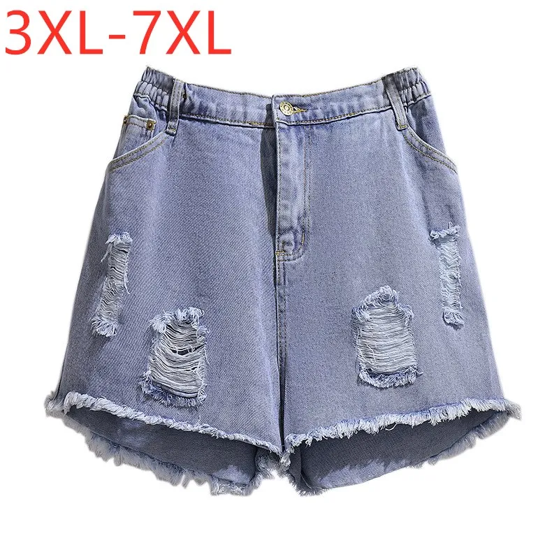 New 2021 Ladies Summer Plus Size Jeans Shorts For Women Large Wide Leg Blue Cotton Pocket Hole Denim Shorts 4XL 5XL 6XL 7XL