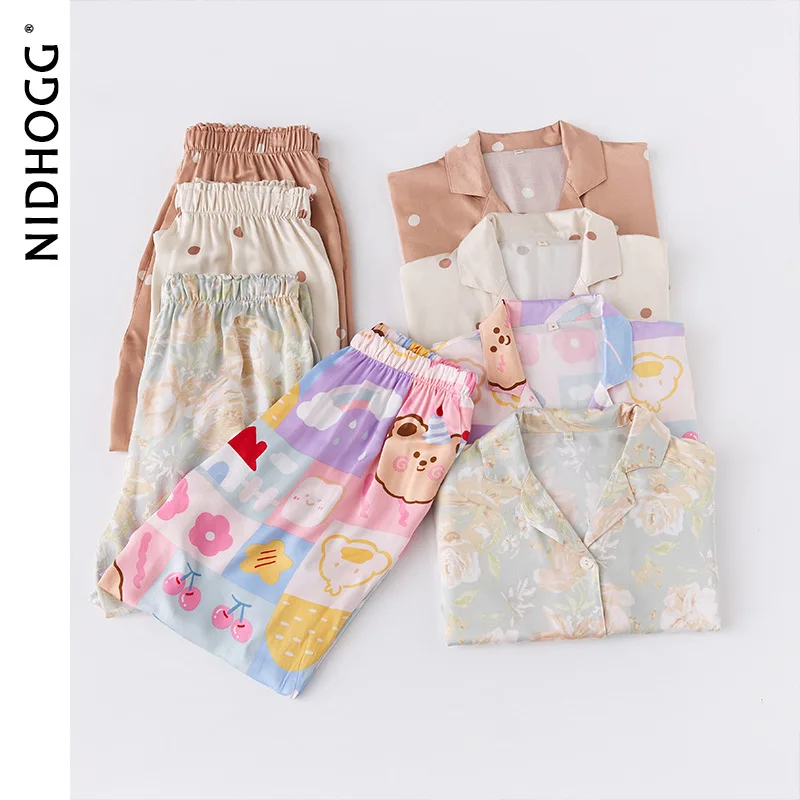 2021 New Short-sleeved Trousers Satin Pajamas Form Women Sweet Girlish Multicolor Viscose Turn-down Collar Two Piece Set Summer