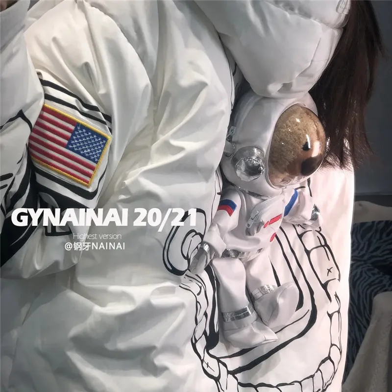 Astronaut Bear Decoration Thick Warm down Jackets Women Korean Loose Letter Print Parka Baggy Y2k Harajuku Zipper Hoodies Female