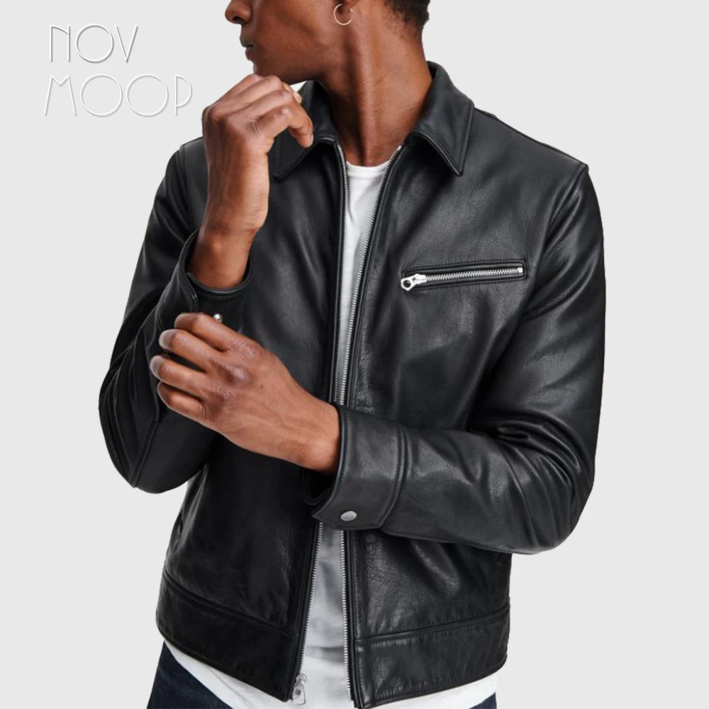 

Novmoop thick genuine cowhide leather men's cotton liner jacket brand design slim chic cutting Veste en cuir pour homme LT3418