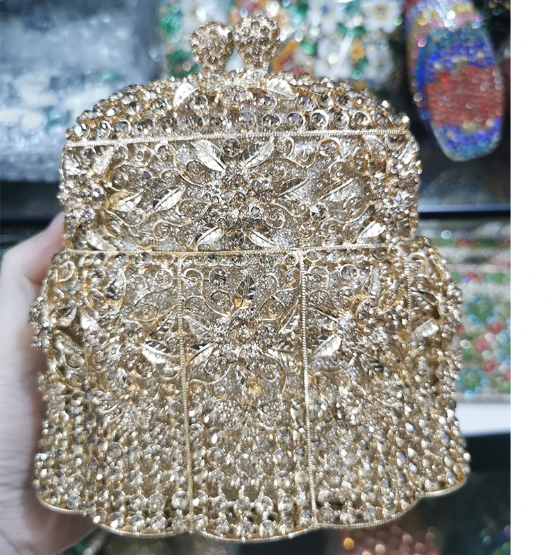 Windbell Shape  Women Crystal Clutch Purse Red/Silver Wedding Bags Flower Rhinestone Clutches Lady Mini Lipstick Minaudere Purse