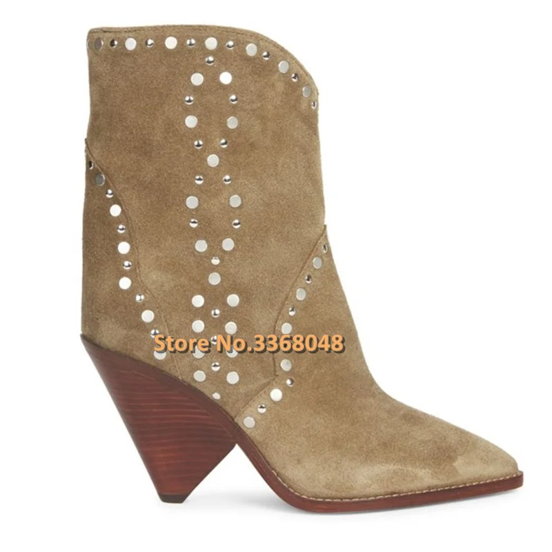 Suede Leather Rivets Studded Women Ankle Boots Fashion Pointed Toe Spike Heels Brown Boots Slip On Woman Gladiator Shoes