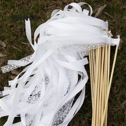 Varitas de boda de cinta blanca con campana plateada, palo de cinta de boda, serpentinas de cinta giratorias, estilo, 10, 20, 50 unidades por lote