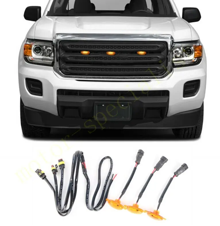 3pcs LED Car Front Grille LED Amber Light Raptor Style Light Kit Decor W/ Wire Speed For GMC Canyon 2015-2021