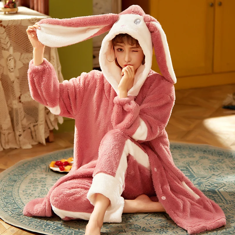 Robes Women\'s Dressing Gown Winter Coats For Home Clothes Warm Bathrobe Female Coral Fleece Nightdress Sleepwear Cute Kimono