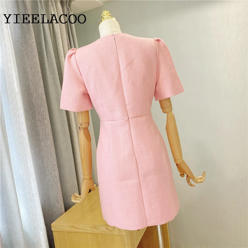 Imagem -03 - Primavera Outono Vestido Pequeno Vento Perfumado 2023 Nova Luz de Luxo Elegante Mini Vestido Rosa Manga Curta Feminina Tweed Vestido