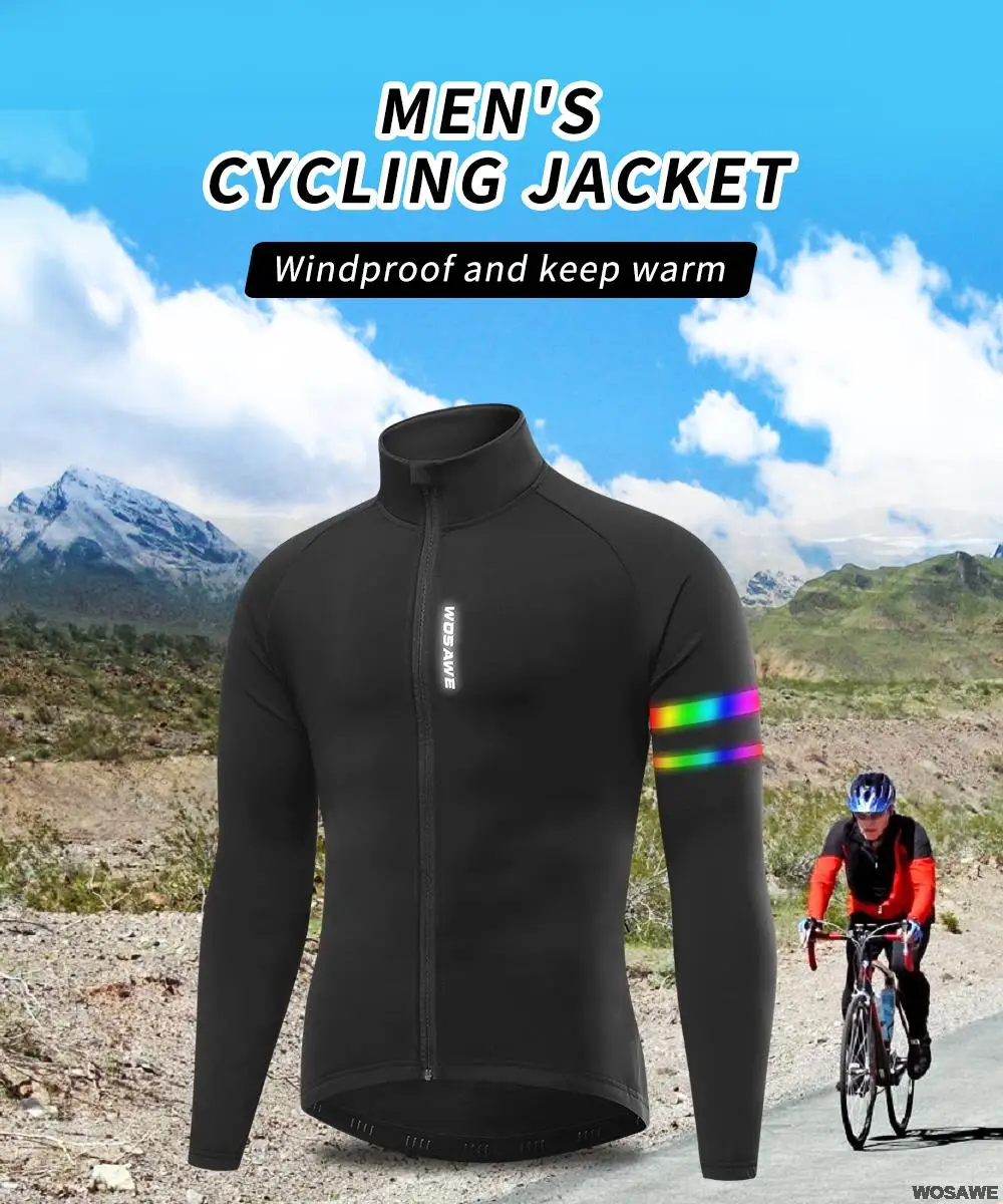 WOSAWE Herren Thermo-Winter-Fahrradjacke, Fleece-Futter, Langarm-Jersey, winddicht, Laufen, Reiten, Ciclismo, Fahrradbekleidung – Detail 2