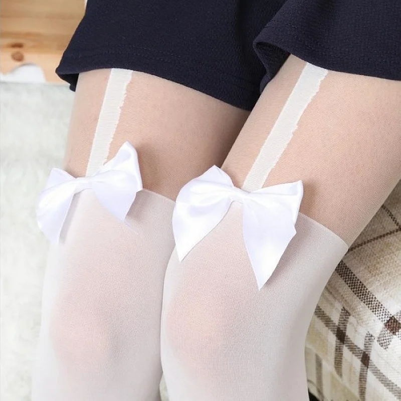 1pairs Japan Girl Women Sexy Velvet Tights Fake High Stocking Pantyhose Mock Bow Suspender Over Knee Tattoo Stockings