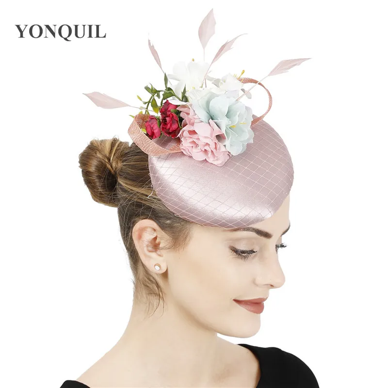 High Quatity Satin Fashion Wedding Flower Fascinator Hat For Elegant Women Bride Show Headpiece Headband Mesh Hair Accessories