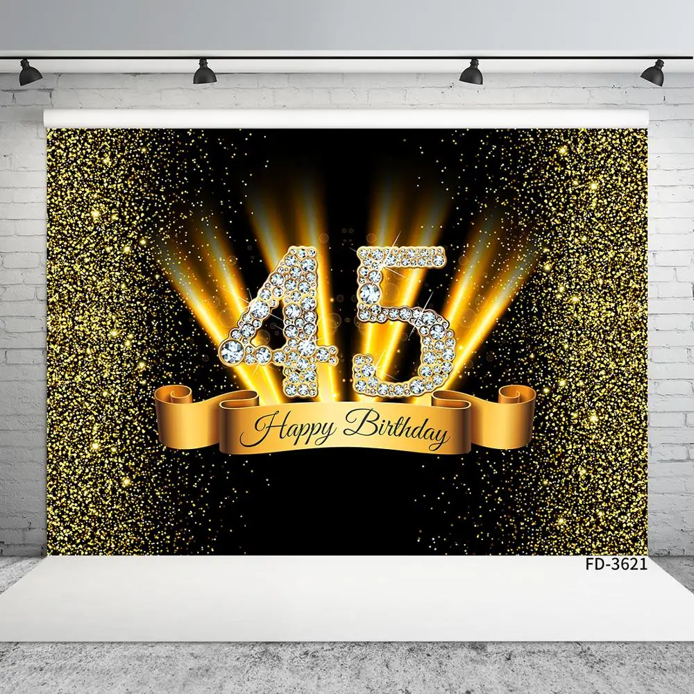 

Golden Glitter Light Diamond Photo Backgrounds Custom Prom Backdrop for 45 Happy Birthday Party Photoshoot Photography Props