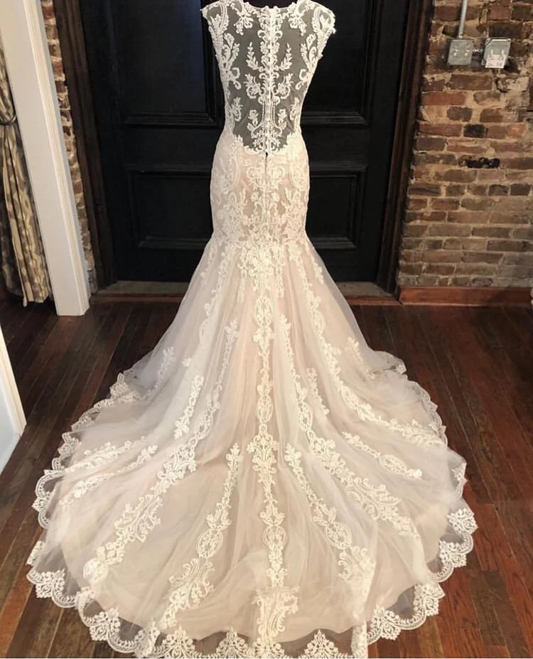 Vintage Mermaid Style Wedding Dress Cap Sleeves Appliques Bridal Gowns Chapel Train White Ivory Bridal Dresses Vestidos De Noiva