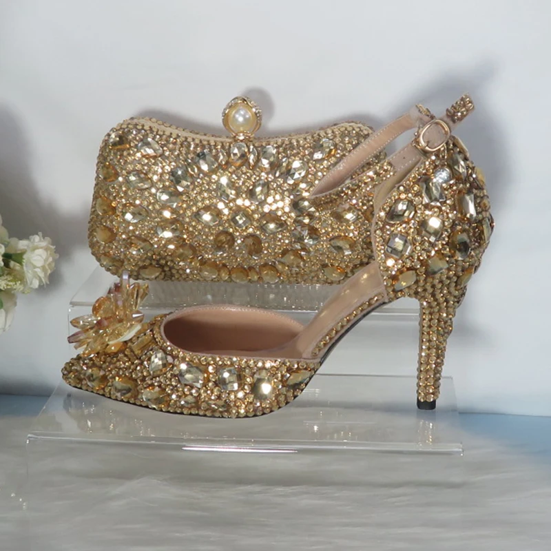 2021New  Golden crystal Bridals Wedding shoes with matching bags Rhinestone high heels ankle strap women party dress shoes