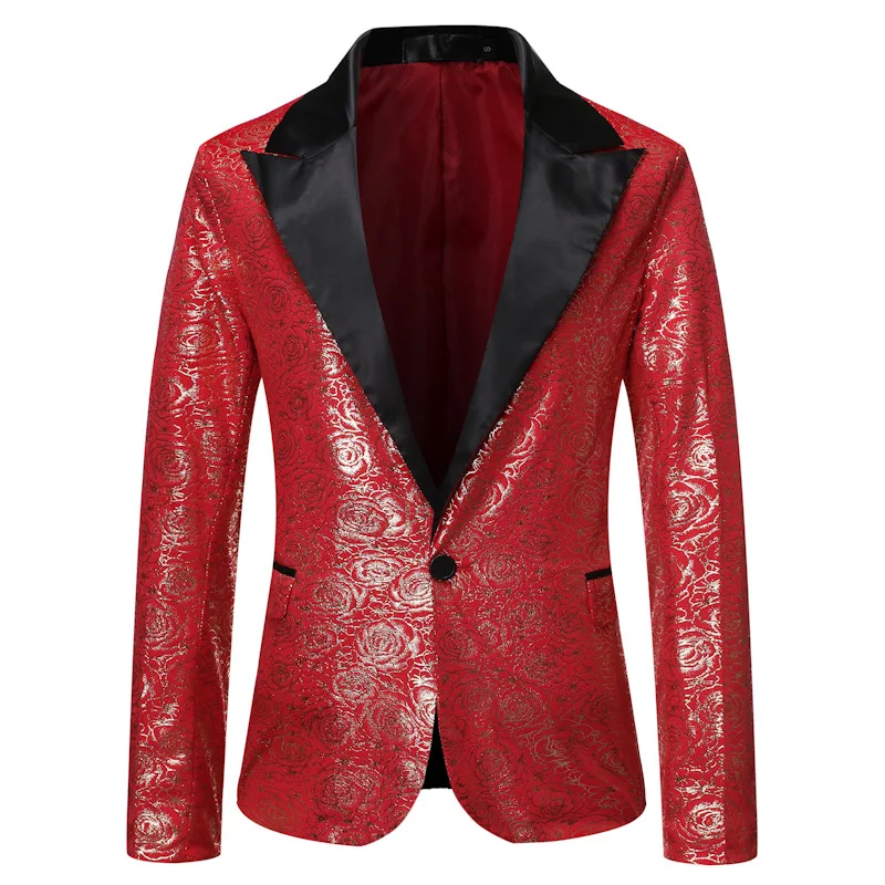 Mens Shiny Gold Rose Floral Foil Print Blazer Jacket Slim Fit One Button Blazer Men Party Club Wedding Stage Clothes for Singers