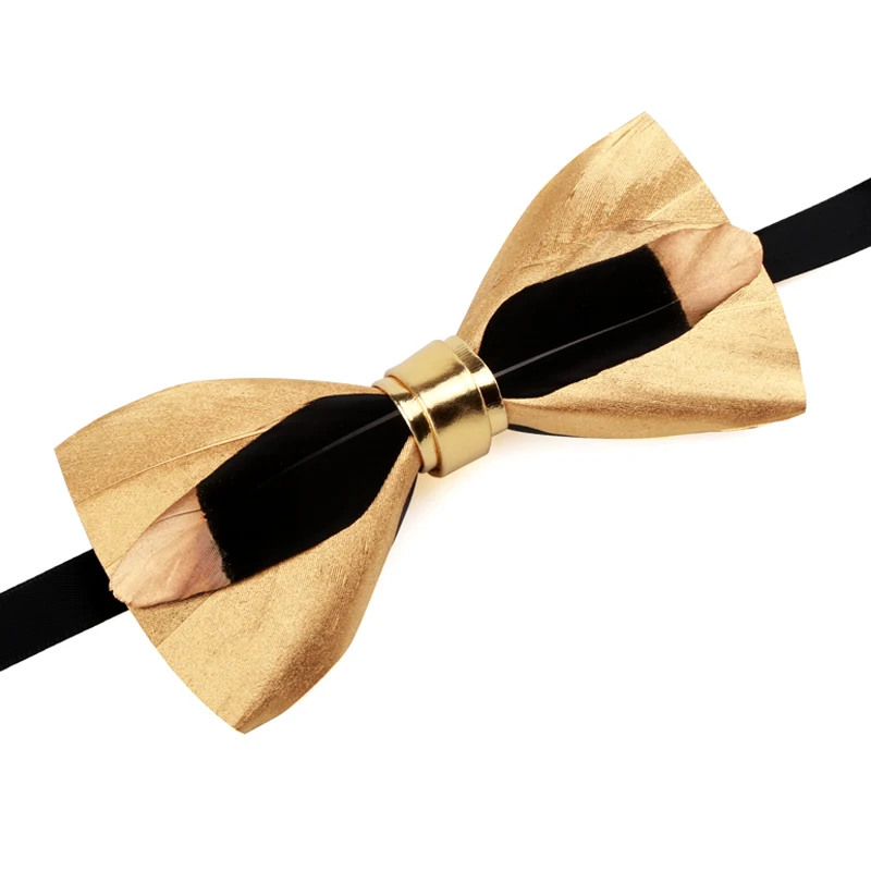 Free Shipping New male fashion man men's Original Handmade feather bow tie gold men and women dress England bridegroom wedding