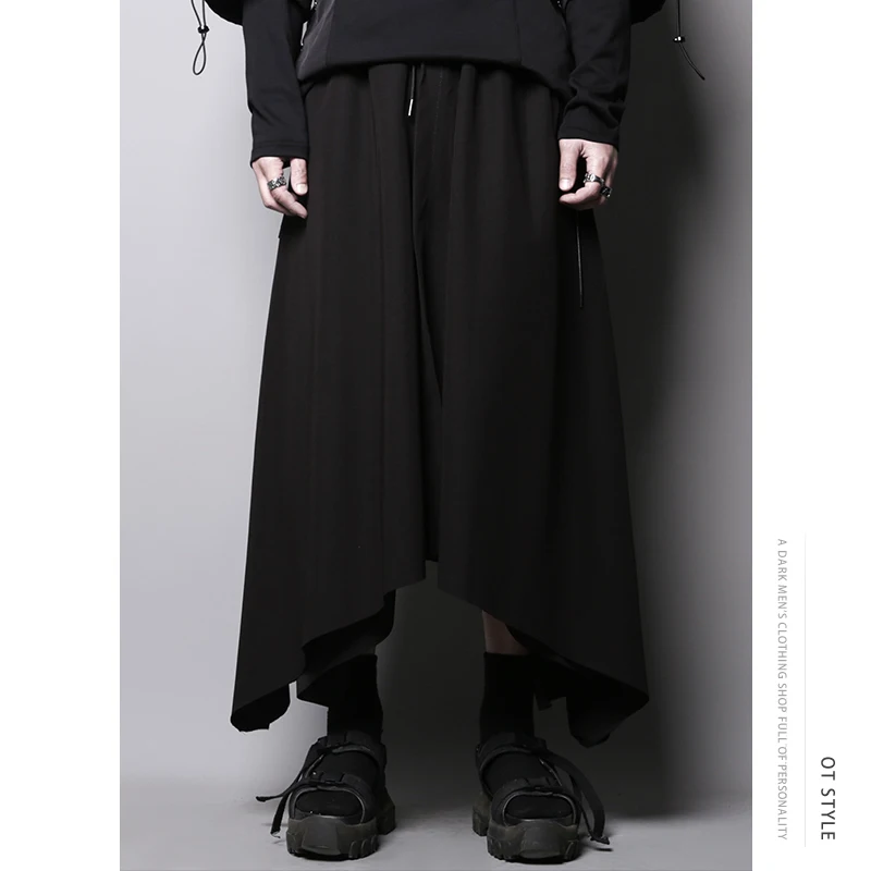 Stylist personality wide leg pants false two culottes men loose dark nine casual pants androgynous style