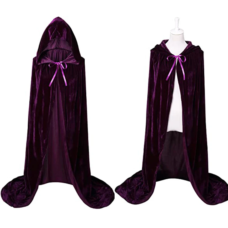 Purple Hooded Cloak Long Velvet Cape for Christmas Halloween Cosplay Costumes Wedding Capes Robe