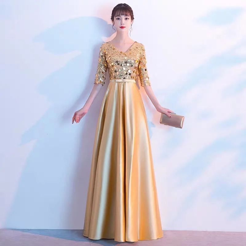 Golden Evening Dress 2020 New V-neck Half Sleeve Banquet Party Dress Sequins A-line Prom Dress Robe De Soiree Vestido De Festa