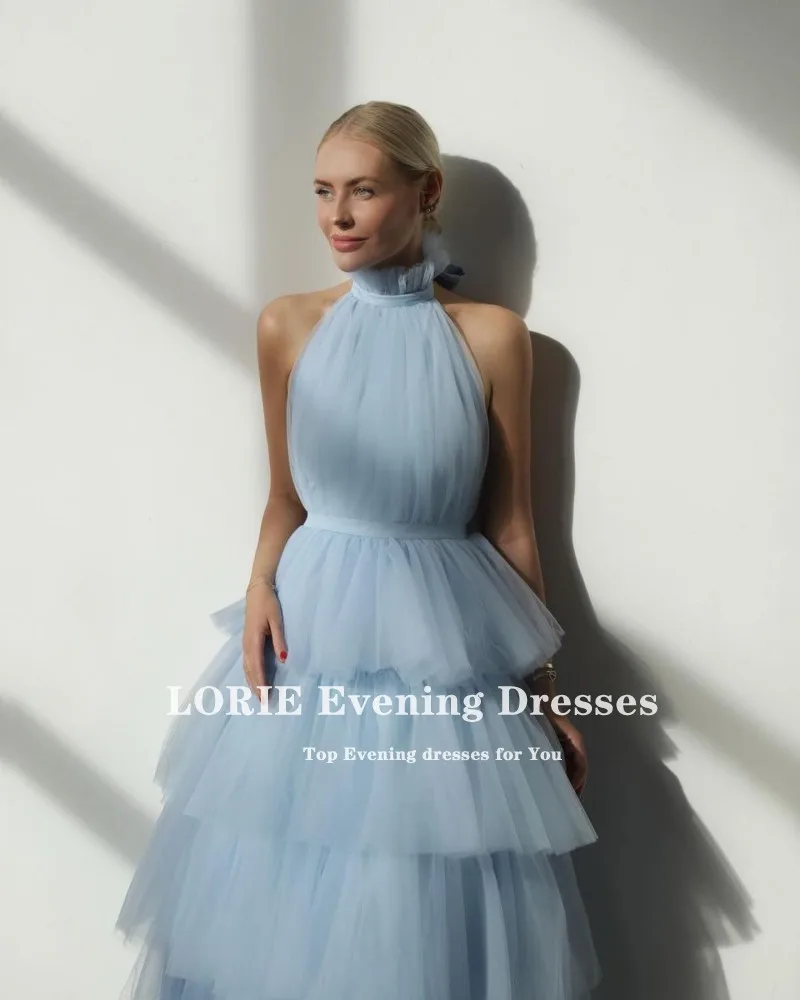 LORIE Baby Pink Prom Dresses Tea Length Tiered Tulle Cupcake Special Occasion Baby Blue Simple Girl Wedding Party Dress