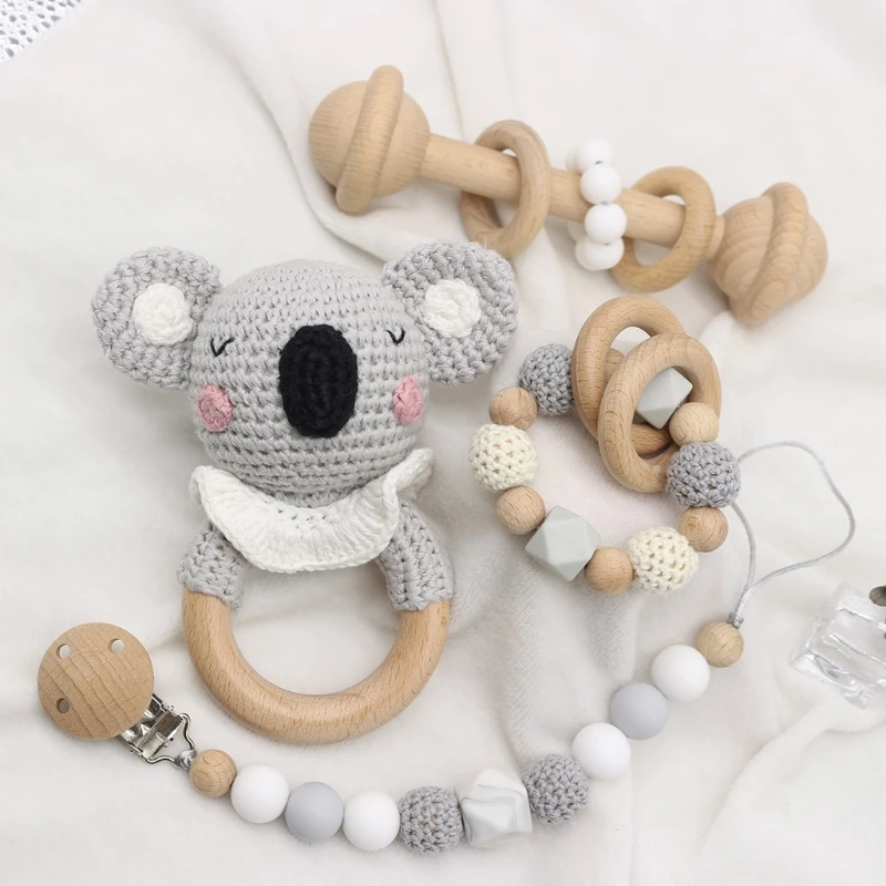 

Baby Beech Wooden Teether Ring DIY Crochet Koala Rattle Soother Infant Teething Chewing Molar Toys Dropshipping