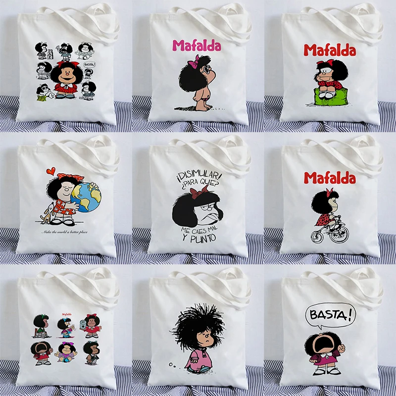 Kawaii Shopping Bag Mafalda Cute Anime Harajuku Canvas Bag Tote Bag Lady Handbag Large Capacity Shopper Bag Casual Shoulder Bag