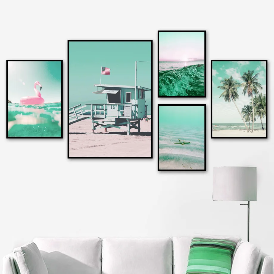 Sea Wave Lifeguard Hut Beach Coconut Tree Nordic Posters And Prints Wall Art Canvas Painting Room Decoration Pictures