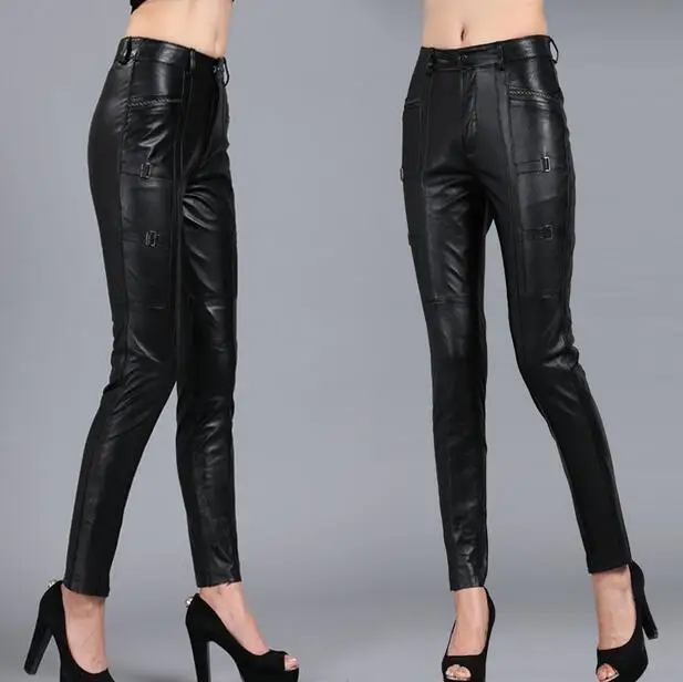 New Hot 2023 Spring Woman Genuine Leather Long Women Fashion Pencil Feet Trousers Female Slim Sheepskin Skinny pants S-5XL