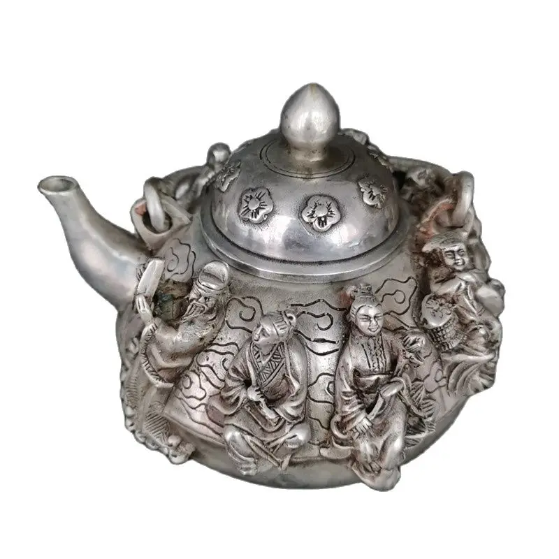 

Chinese Old Tibet Silver Carving Eight Immortals Shaped Wine Pot