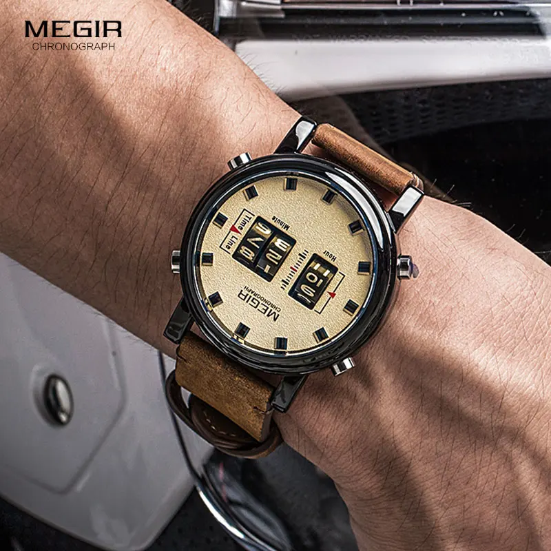 MEGIR Digital Watch Man Luxury Top Brand Quartz Watches Men Leather Relogio Masculino 2019 New Army Drum Roller Wristwatch 2137