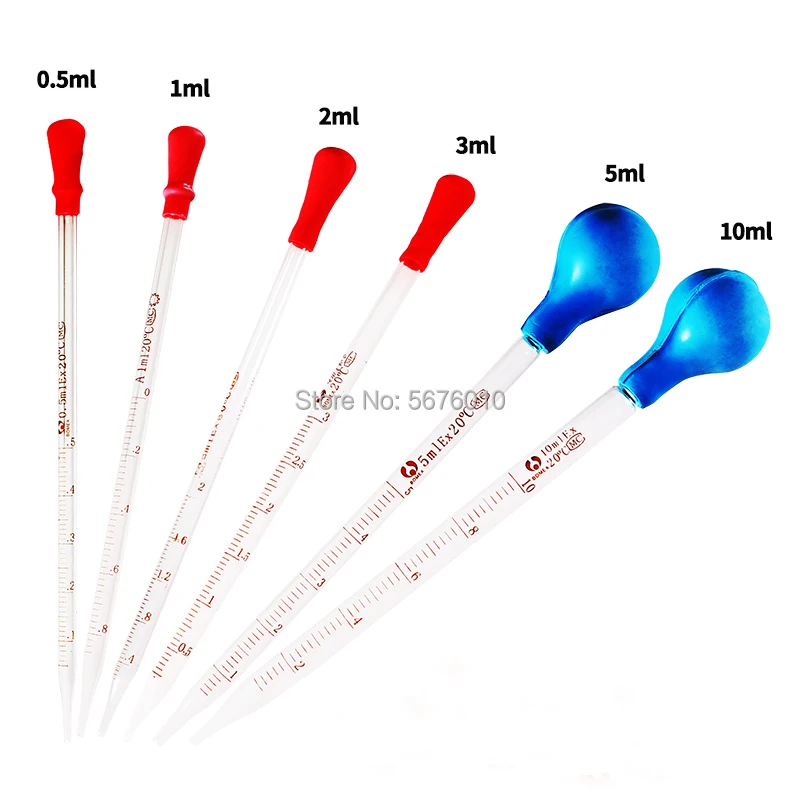 Glass Graduated Pipette Dropper Vol. 0.5ml/1ml/2ml/3ml/5ml/10mlTransfer Pipette with Rubber Head