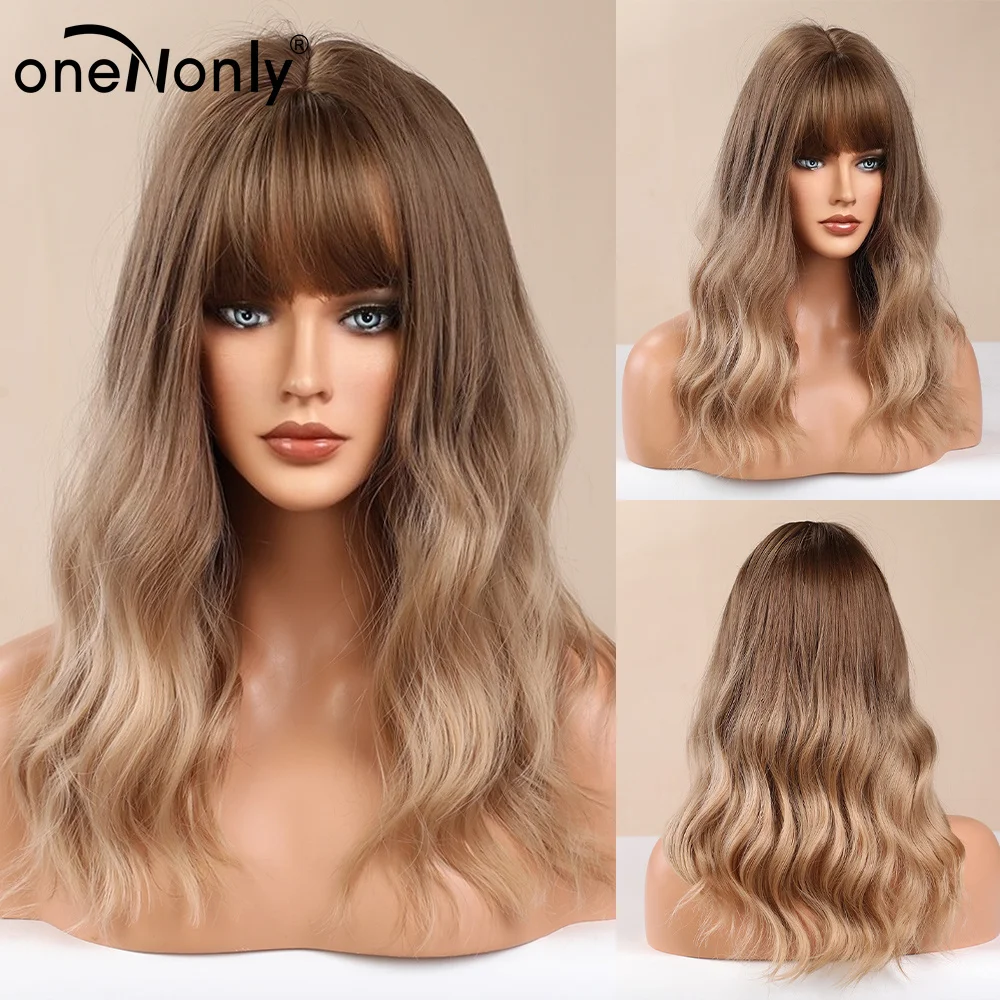 oneNonly Long Brown Blonde Synthetic Wigs with Bangs Natural Wave Hairstyle for Women Cosplay Party Heat Resistant Fiber