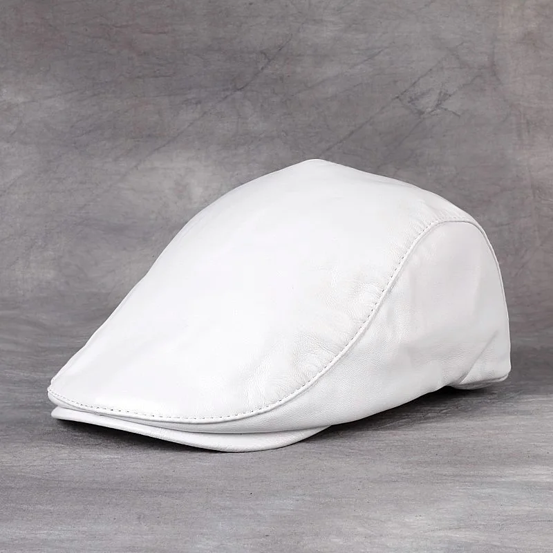 

Spring/Winter Unisex Genuine Leather Beret Hats Men Women White/Blue Peaked Cap Male Thin Boina Casual Trucker Caps Bonnet